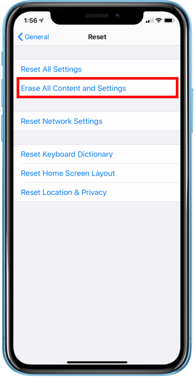 erase all content and settings