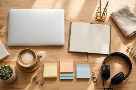 College student's organized desk with laptop and planner — productivity apps