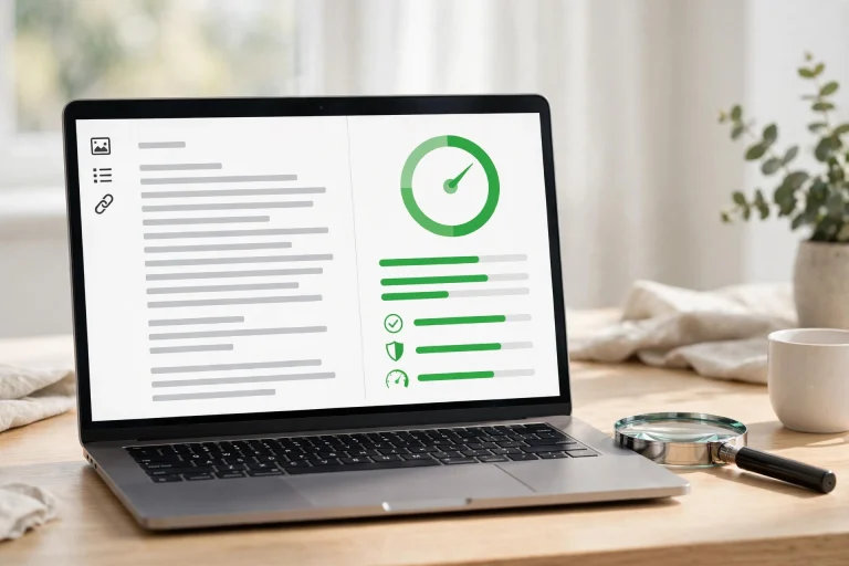 Laptop showing blog SEO analysis — how to use the focus keyphrase in Yoast SEO